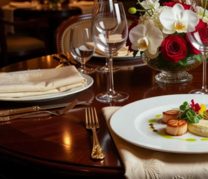 Gourmet terített asztal prémium fogásokkal és elegáns terítékkel
