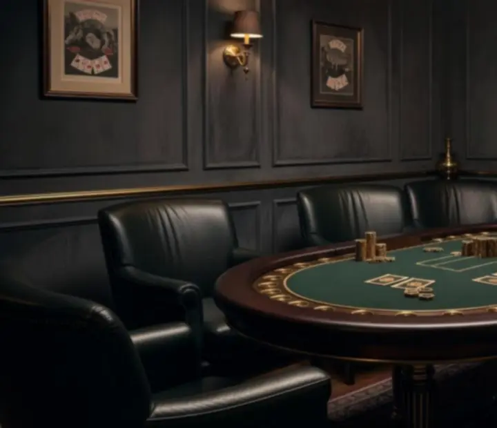 Prémium póker lounge bőr fotelekkel és elegáns kártyaasztallal