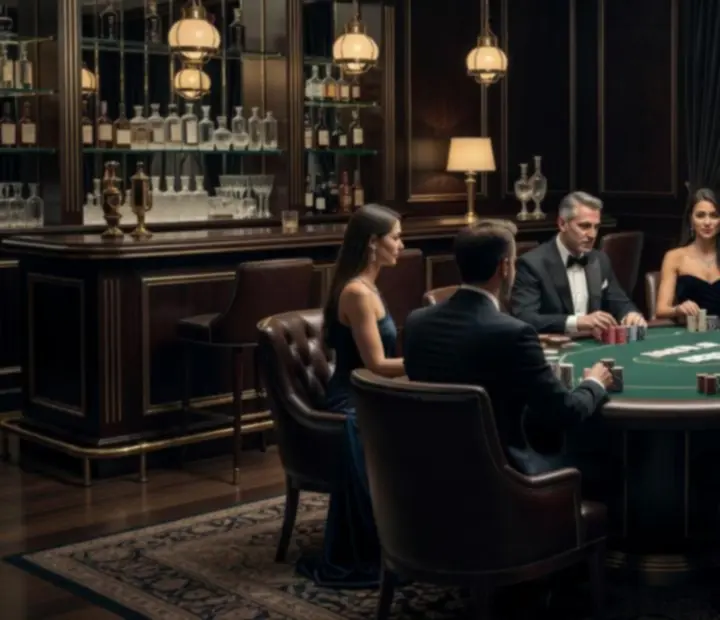 Exkluzív póker lounge Budapest belvárosában, elegáns asztalokkal, zsetonokkal és meleg fényekkel