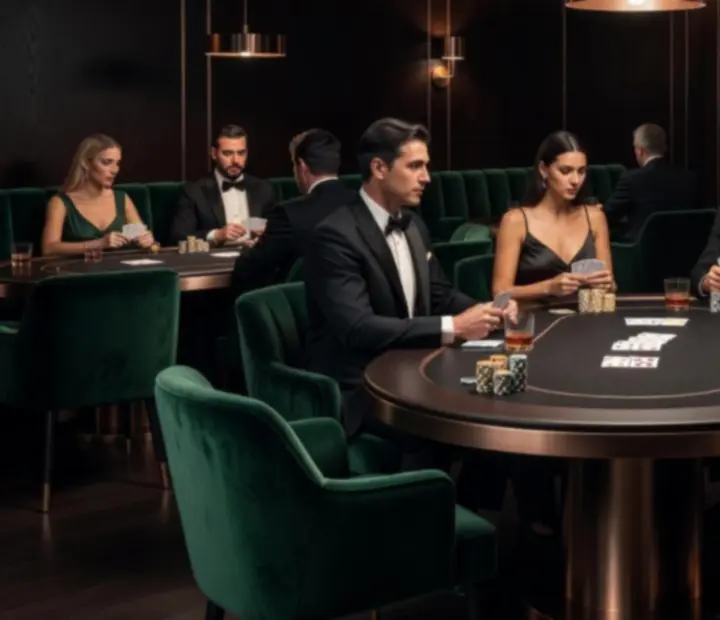 Mesterséges fényekben úszó luxus póker lounge bársony fotelekkel és réz részletekkel