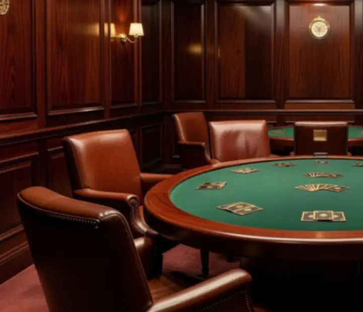 Prémium poker lounge különterem gazdag fa felületekkel és bőr székekkel