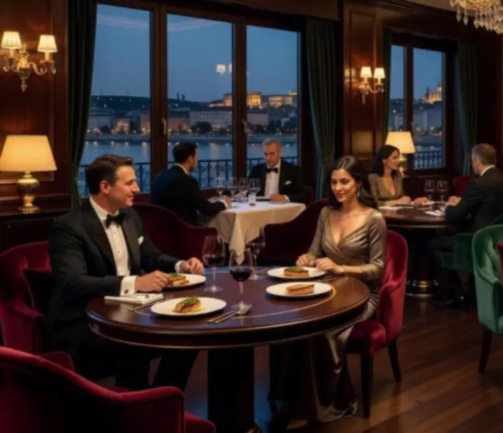 Luxus budapesti étterem esti hangulatban, elegáns pókerasztalokkal